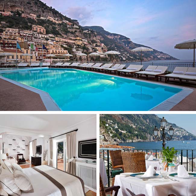 Pastel houses stacked above the sea on the Amalfi Coast